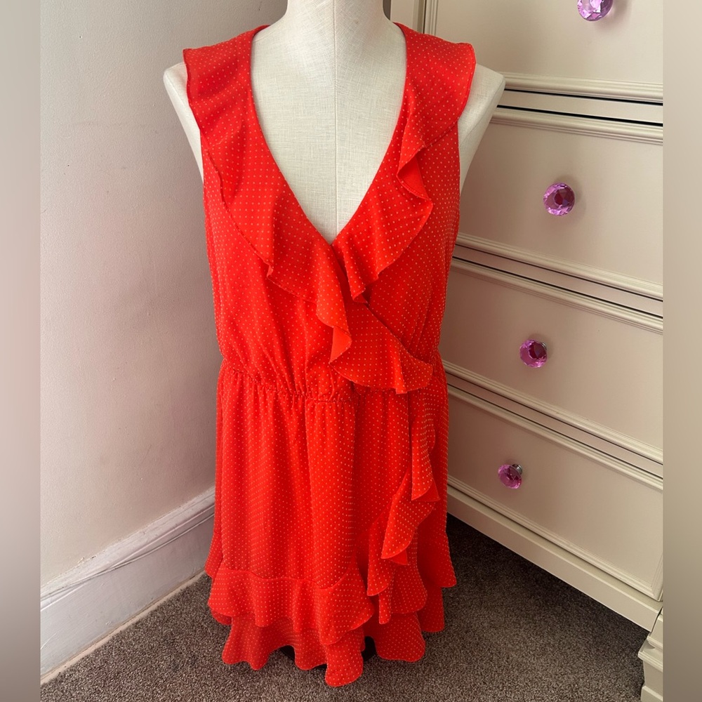 S+B Dress Orange V Neck Sleeveless Textured Dots Detail Ruffles Sz 6